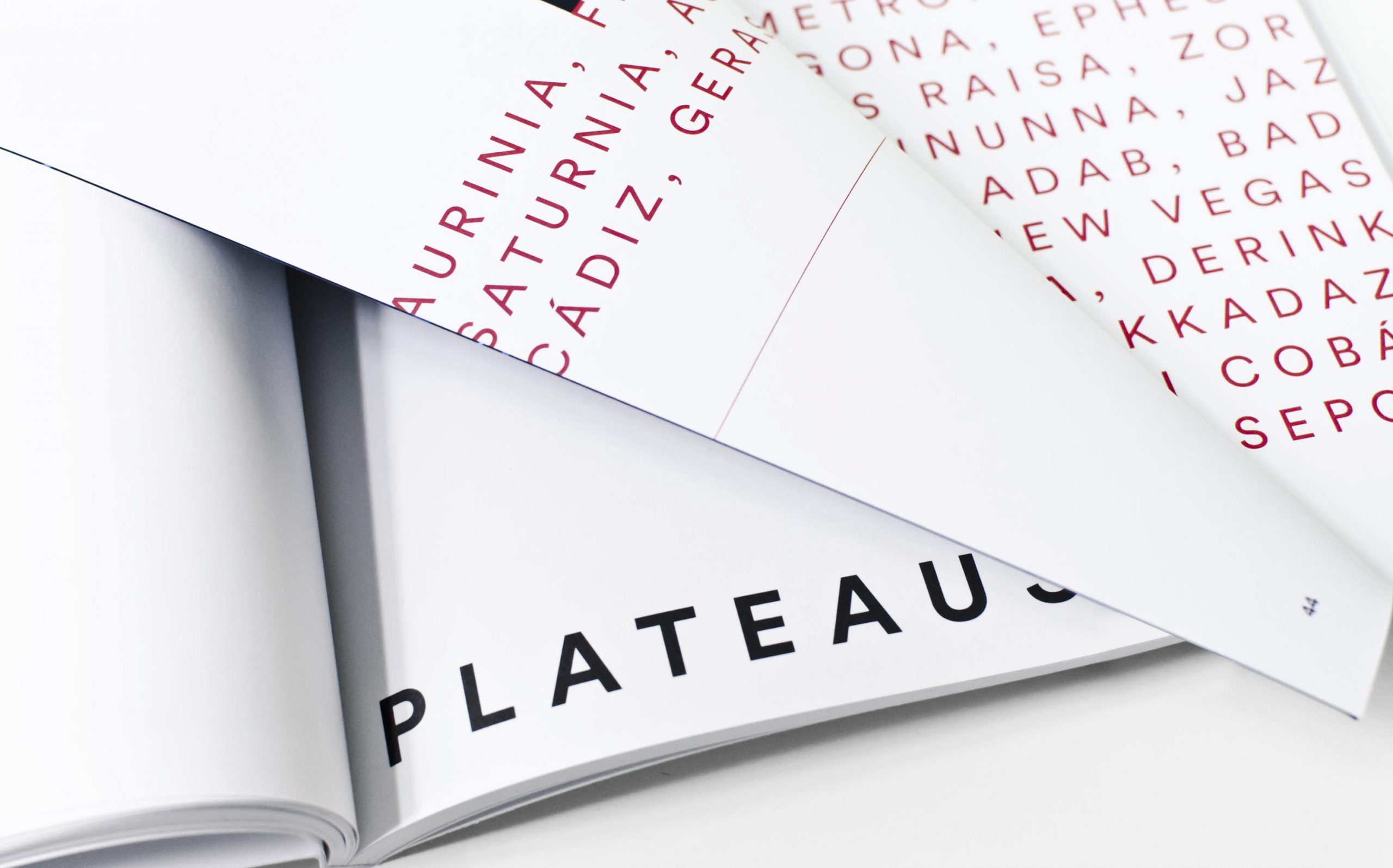 Detail aus Juliana Herrero – REM 1:1 | Werktitel groß »Plateaus« und Voice Over Typografie auf nächster Doppelseite, umgeschlagene Seite | Keywords: Editorial Design, Artist Book, Künstlerbuch, Buchgestaltung, Grafikdesign, Design, Typografie