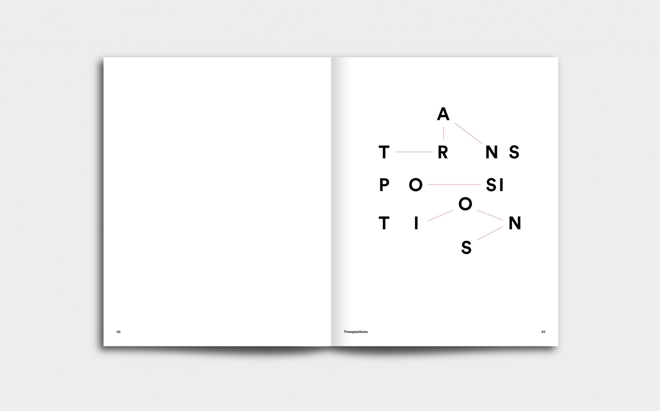 Juliana Herrero – REM 1:1 | Kapitel Opener mit grafischer Inszenierung des Titels »Transpositions« | Keywords: Editorial Design, Artist Book, Künstlerbuch, Buchgestaltung, Grafikdesign, Design, Typografie